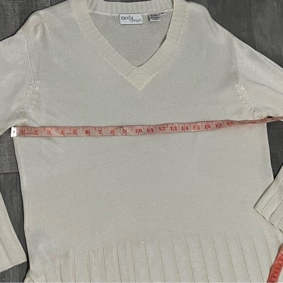 Vtg 80s 90s Spiegel Oversized V Neck Ivory Split Hem Ribbed Shine Sweater M - Picture 9 of 10